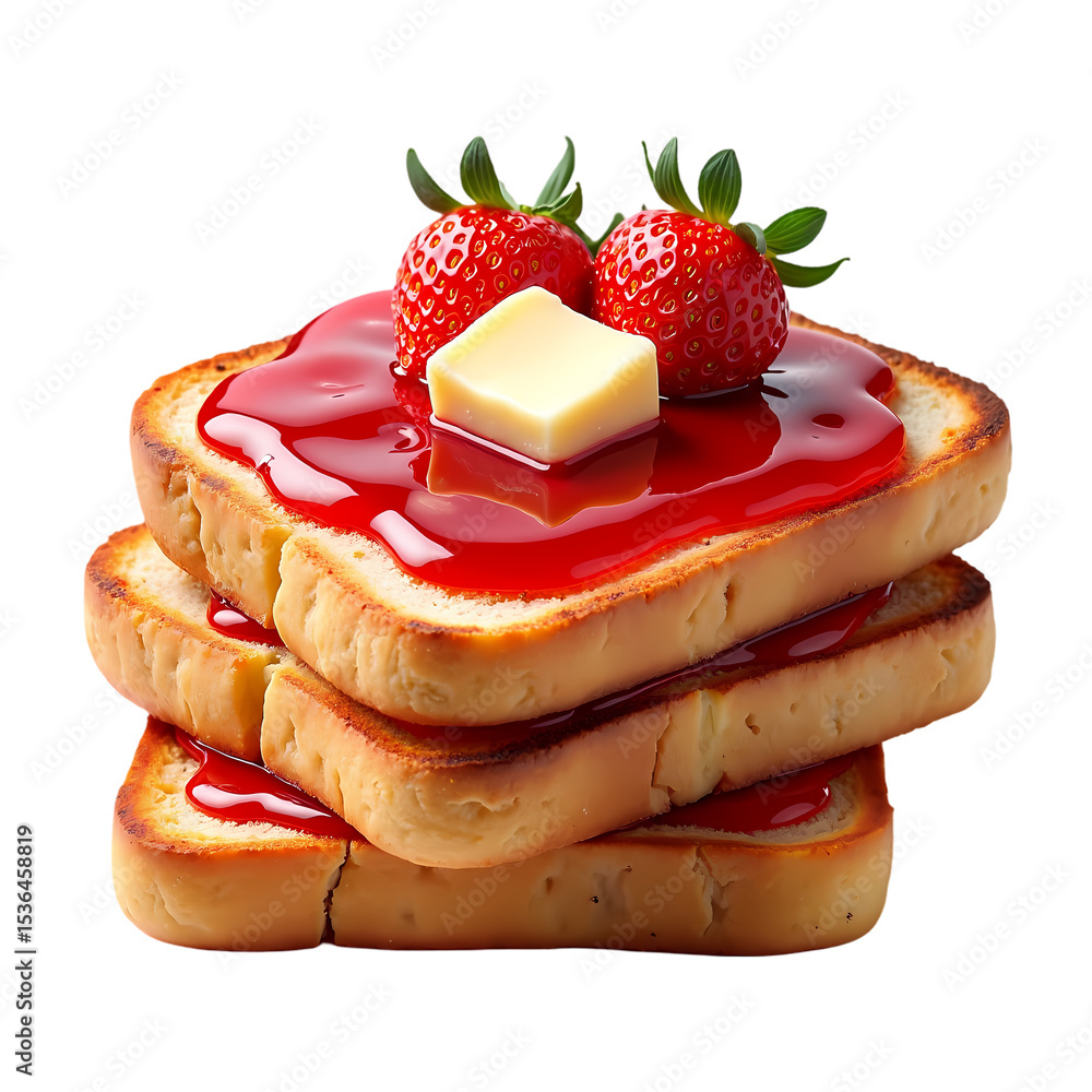 Poster a stack of toast with jam strawberries and butter isolated on transparent background