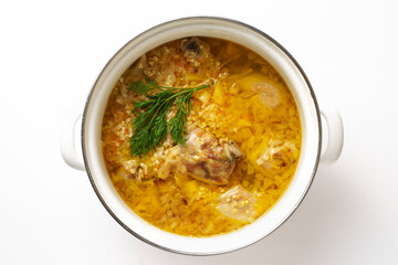 Thick German delicious soup with meat, cereals and vegetables