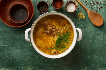 Thick German delicious soup with meat, cereals and vegetables