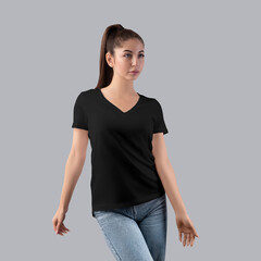 Mockup of black t-shirt with v-neck on girl in jeans, front view, isolated on background.