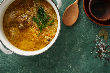 Thick German delicious soup with meat, cereals and vegetables