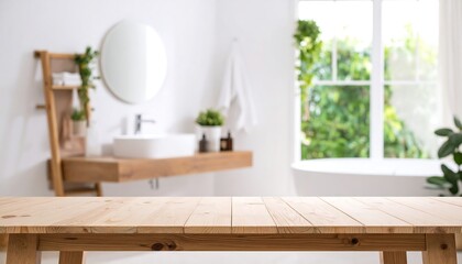 Sunlit modern bathroom interior showcasing wooden table against bright greenery view outside window.