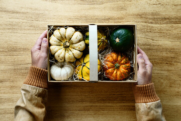 Wicker basket with pumpkin harvest in female hands on a wooden antique table. Thanksgiving concept