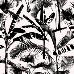 Seamless pattern with black palm tree branches isolated on a white background. Desert and tropical houseplants. 
