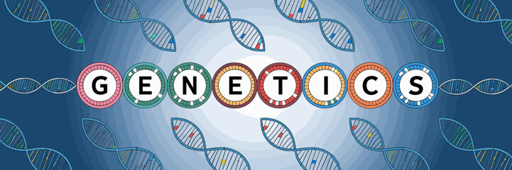 Genetics spelled out in chromosomes and DNA with gene icons – Perfect for biology lessons, scientific publications, or genetic research themes