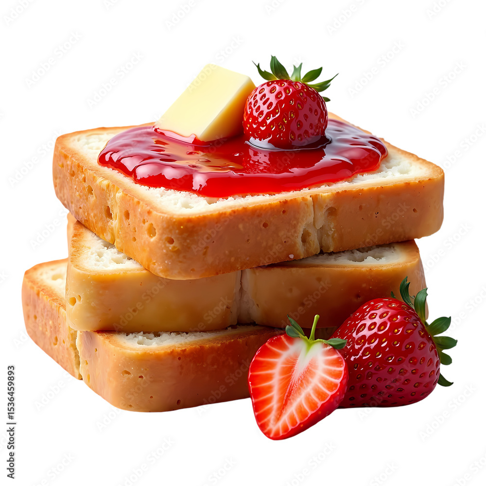 Aufkleber stack of toast with strawberry jam butter and fresh strawberries isolated on transparent background