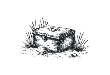 Fototapeta premium Vintage treasure chest surrounded by grass and stones in rustic style drawing. Vector retro hand drawn illustration