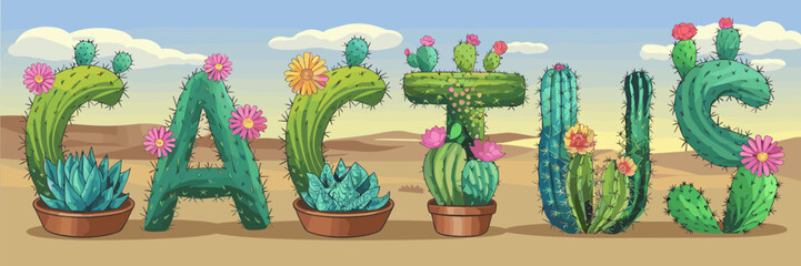 Decorative cactus text with colorful succulents in pots on desert background