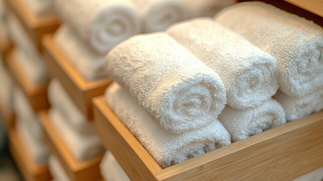 Rolled white towels in wooden boxes.  Stacks of clean towels neatly rolled in a row of wooden containers
