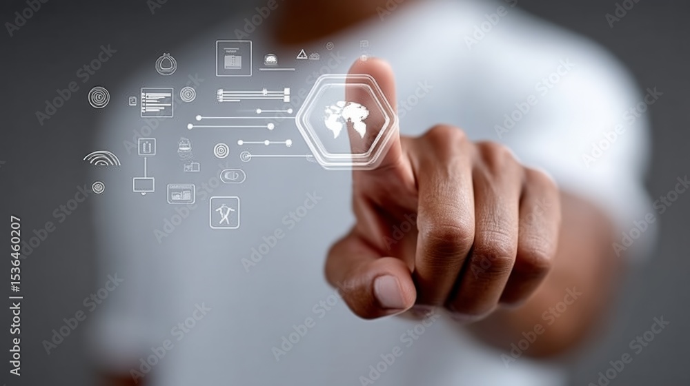 Poster man is pointing at a screen with a lot of icons and buttons. concept of technology and the importanc