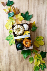 Wicker basket with pumpkin harvest on a wooden antique table. Thanksgiving concept