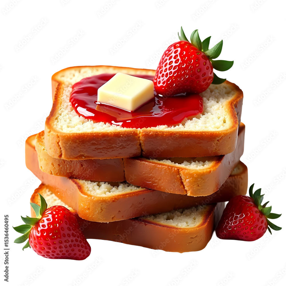 Poster stack of toast with strawberry jam butter and fresh strawberries isolated on transparent background