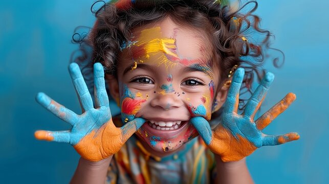 Young child with colorful paint on their face and hands is smiling and making a peace sign. Concept of joy and playfulness, as the child is embracing the messy and creative experience of painting