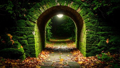 Fototapeta premium A tranquil mossy brick archway illuminated by soft light, framing a path through a serene forest.