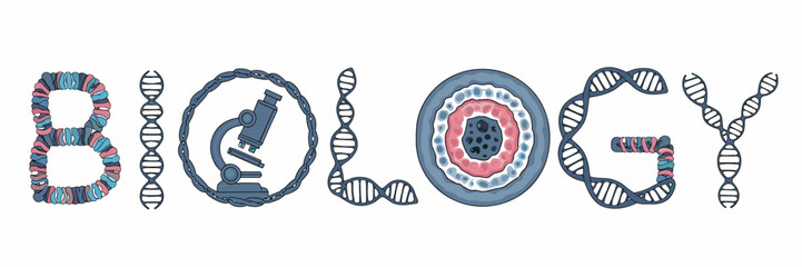 Biology word with microscope, DNA, and cells – Ideal for science education materials, STEM visuals, or academic branding.