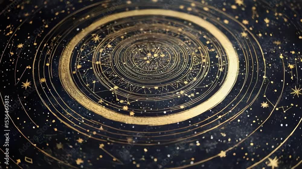 Poster a detailed, artistic representation of a celestial map featuring concentric circles and starry patte