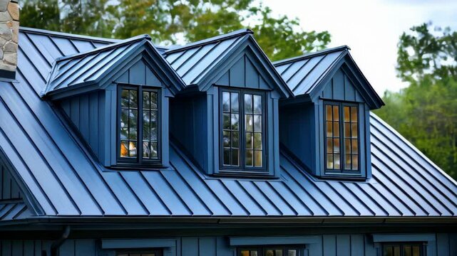 A charming residential building showcases a vibrant blue metal roof adorned with dormer windows. Twilight casts a peaceful ambiance over the surroundings, highlighting the architectural details.