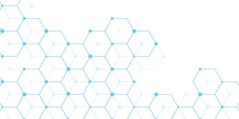 Science network pattern blue Hexagonal abstract background. Big Data Visualization structure elements . Health care and science medical pattern innovation. Template design with concept Dots and lines.