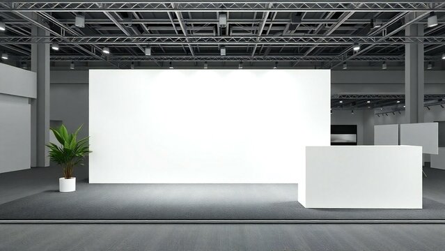 Fototapeta Modern exhibition space with blank wall and counter