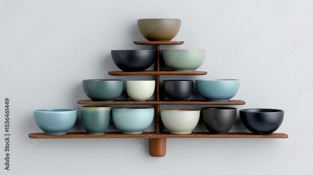 Poster row of bowls are displayed on a shelf, with the bowls arranged in a pyramid shape. the bowls are of 