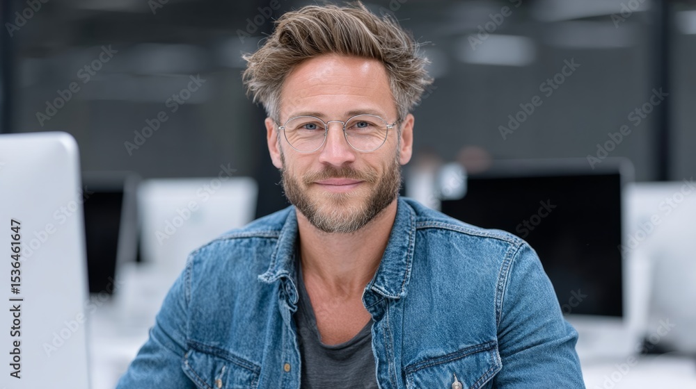 Poster man wearing glasses and a blue jacket is smiling at the camera. he is sitting in front of a computer