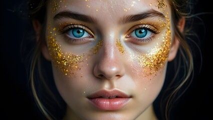 Close up portrait of a beautiful woman with striking blue eyes and gold glitter