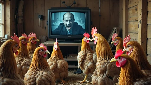 Chickens watching man scream on retro TV screen in wooden room interior. Concept of surreal absurdity