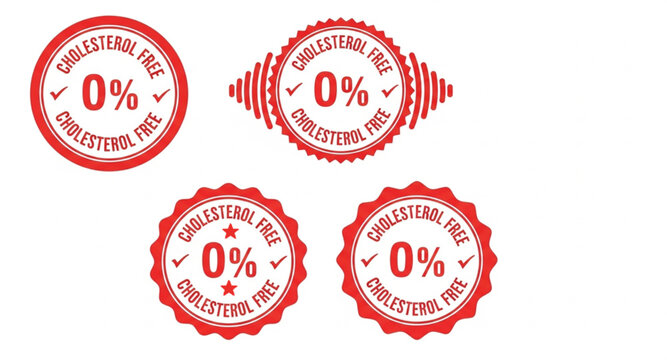 0% Cholesterol Free Red Seal Vector Icons | Health Food Label Emblems for Product Packaging and Nutrition Marketing