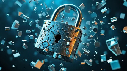 Metal padlock exploding into fragments with sparks flying in blue digital background. Concept of cybersecurity breach - Powered by Adobe