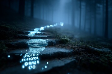 Footsteps made from binary code trailing through a landscape, concept of data trails and online presence 