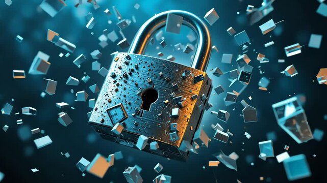 Metal padlock exploding into fragments with sparks flying in blue digital background. Concept of cybersecurity breach - Powered by Adobe