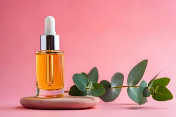 Essential oil dropper bottle with fresh eucalyptus leaves on a soft pink background