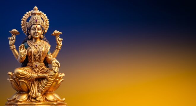 Lakshmi statue glows with divine aura, background gradient from dark blue to gold
