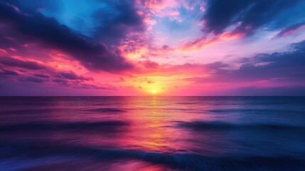 Obraz premium A vibrant sunset over the ocean with colorful clouds reflecting on the water surface in the evening light