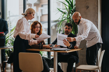 A group of people exchanging ideas and collaborating in a contemporary co working cafe setting,...