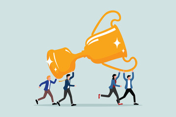 Team achievement, teamwork collaborating working together to achieve a business goal, winning an award or success, people in a business team celebrating helping to carry a big winner's trophy.