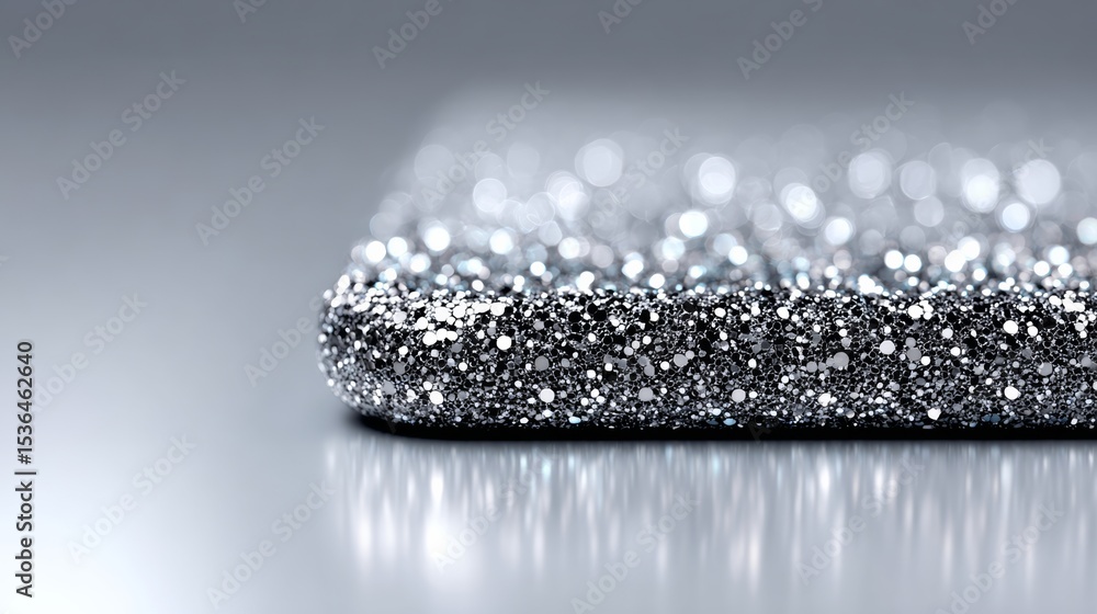 Aufkleber close up of a shiny silver object with glitter on it. the glitter is reflecting light and creating a