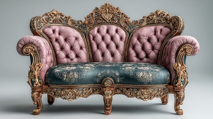Luxurious baroque sofa with ornate golden detailing and plush mauve upholstery