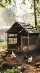 A wooden chicken coop in a backyard with live chickens roaming around. Sustainable living and organic farming practices