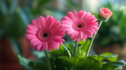 Obraz premium Beautiful Pink Gerbera Daisies Blooming in a Pot Vibrant Flowers in a Garden Setting