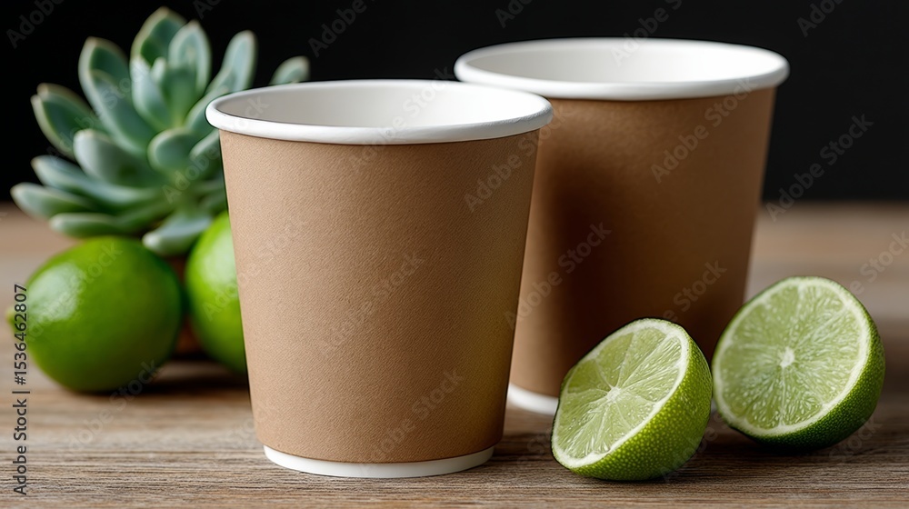 Poster two paper cups with lime slices on a table. the cups are brown and white. the lime slices are green 