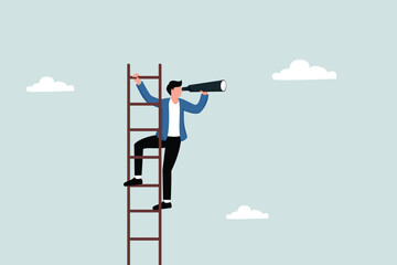 Businessman looking through a telescope far away on the stairs. Business concept.