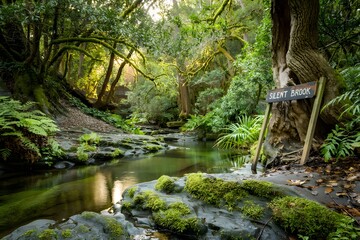 Serene silent brook in a lush green forest
