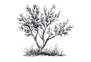 Detailed botanical sketch of a young olive tree with thin branches. Vector retro hand drawn illustration