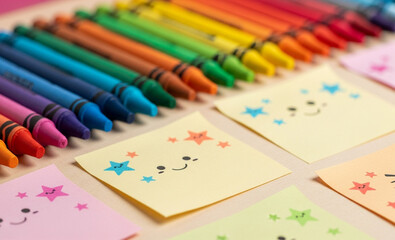 Colorful Crayons and Smiley Face Sticky Notes | Creative Art Supplies for Education, School Projects and Fun Crafts