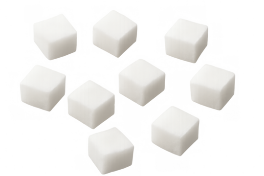 White sugar cubes tumbling through transparent space, symbolizing sweetness, culinary creativity, and delicate food styling