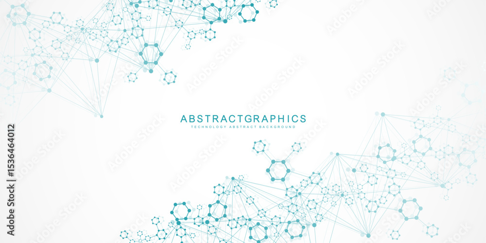 Wall mural modern scientific background with hexagons, lines and dots. wave flow abstract background. molecular