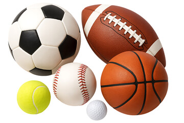 Sports Ball Collage Soccer Football Baseball Basketball Tennis isolated on transparent background