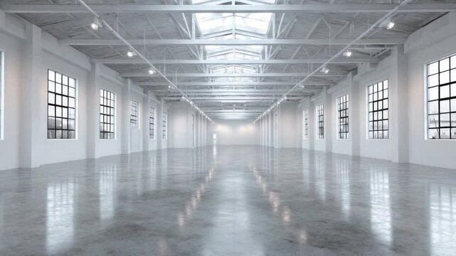 Vast Industrial Space: Polished concrete floor reflecting light from large windows and skylights in a spacious industrial building.