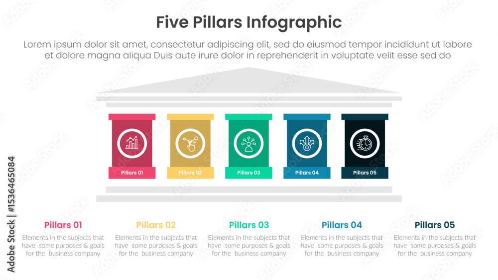 Poster five pillars framework with ancient classic construction infographic with 5 point stage template wit